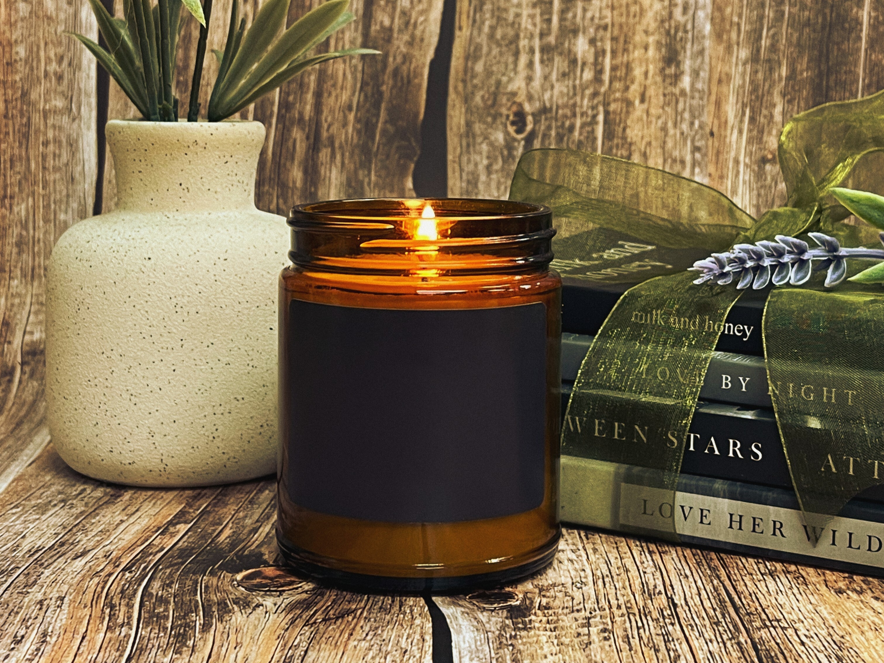An amber glass candle jar
