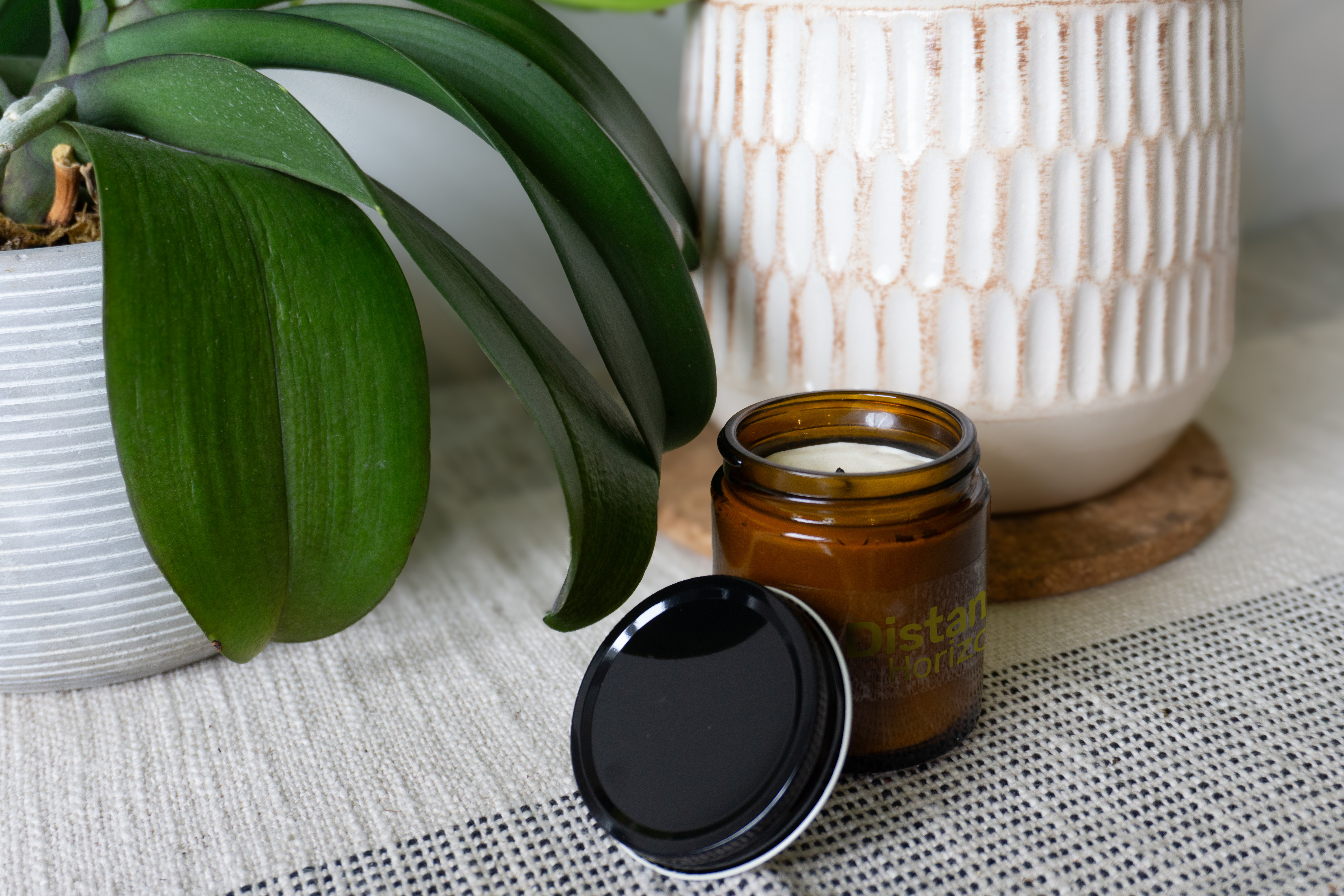 Glass candle jar with a black metal lid next to a book and a plant on a shelf